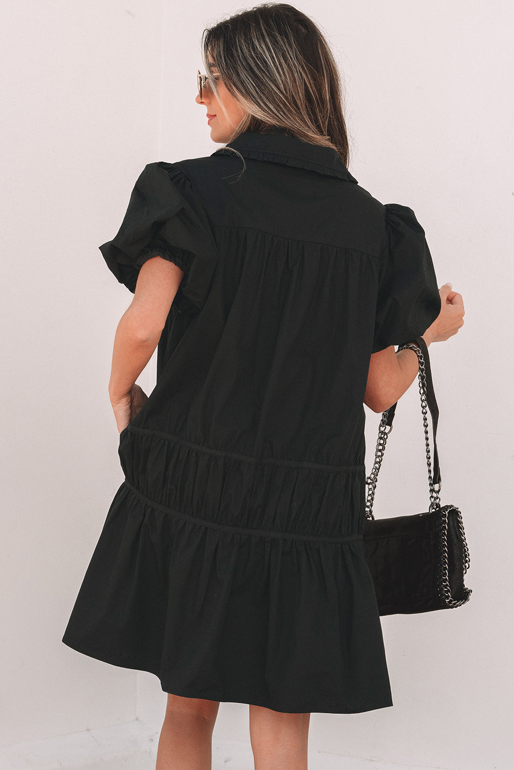 Black Puff Sleeve Shirt Dress Side View